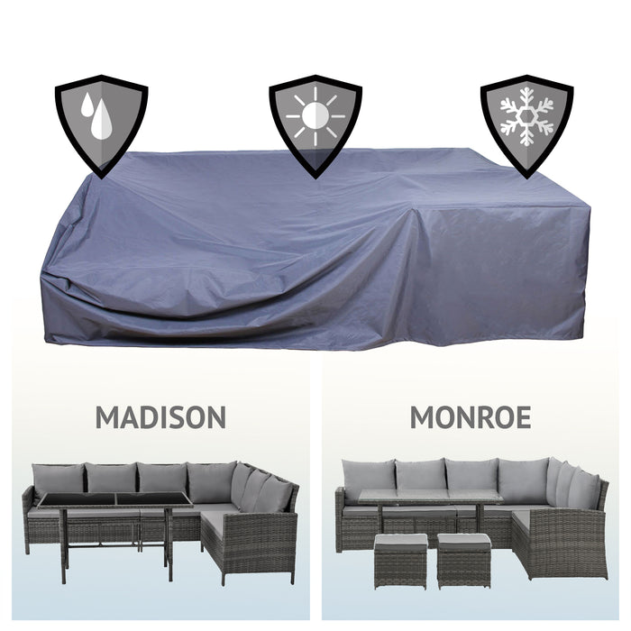 Schutzhülle für Gartenmöbel mit Symbolen für Wasser-, Sonnen- und Frostschutz, darunter die passenden Rattan-Loungesets SVITA Madison und Monroe