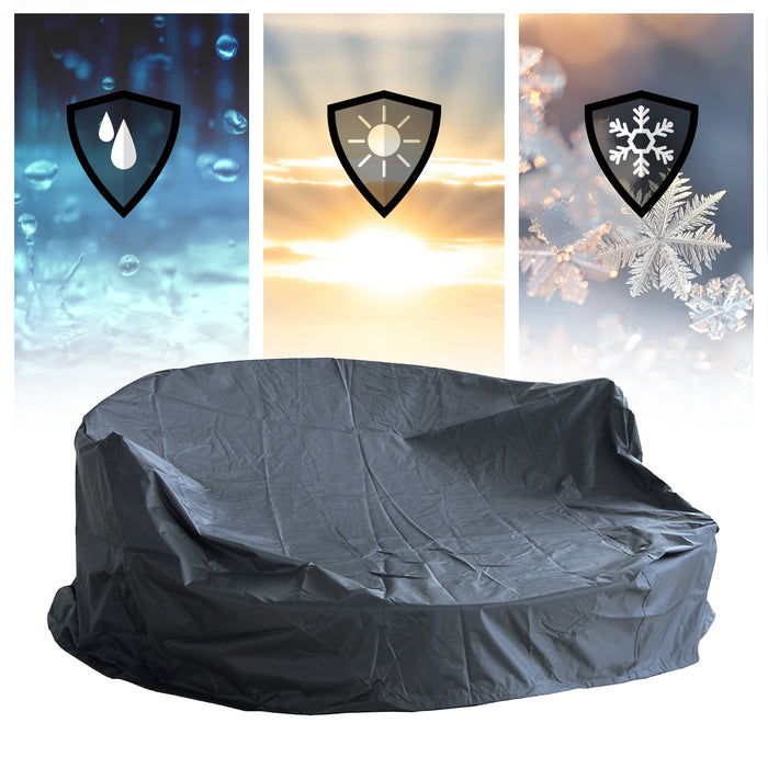 Schwarze Abdeckung für Sonneninsel, symbolisiert Schutz vor Regen, Sonne und Frost mit entsprechenden Icons