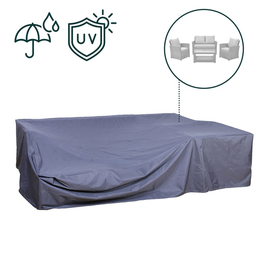Graue Abdeckung für Sitzgruppe SVITA ROMA bestehend aus zwei Sesseln, einem Sofa und einem Tisch, wasser- und UV-beständig