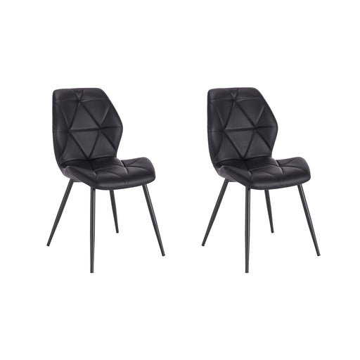 Zwei schwarze Stühle mit gepolstertem Sitz und Rückenlehne, Metallbeine, modernes Design