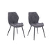 Zwei dunkelgraue Stühle mit gepolstertem Sitz und Rückenlehne, Metallbeine, modernes Design