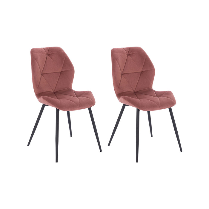 Zwei altrosa Stühle mit gepolstertem Sitz und Rückenlehne, Metallbeine, modernes Design