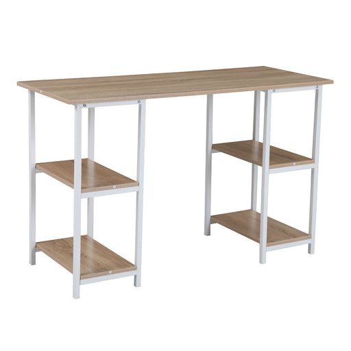 SVITA Studio Schreibtisch mit hellbrauner MDF-Platte in Eiche-Optik und weißem Metallgestell, zwei Regalböden auf jeder Seite