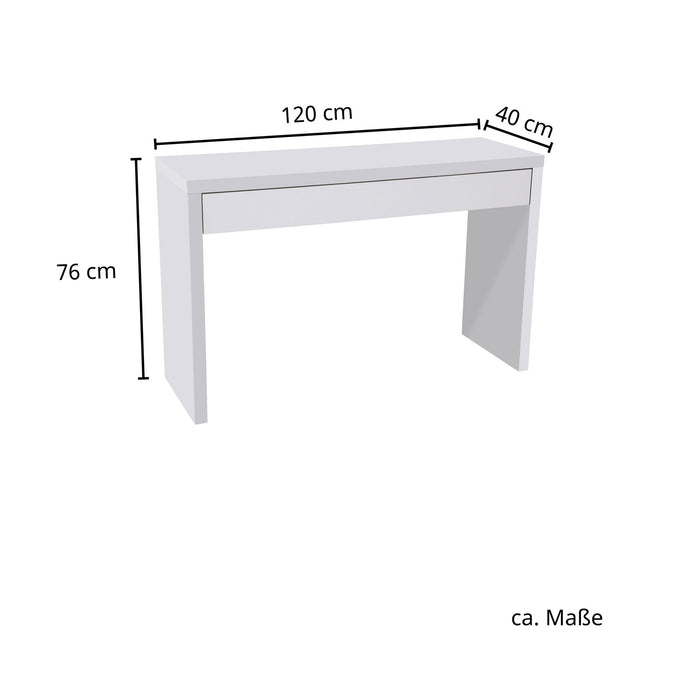 Moderner weißer Tisch mit den Maßen 120 cm Länge, 40 cm Breite und 76 cm Höhe