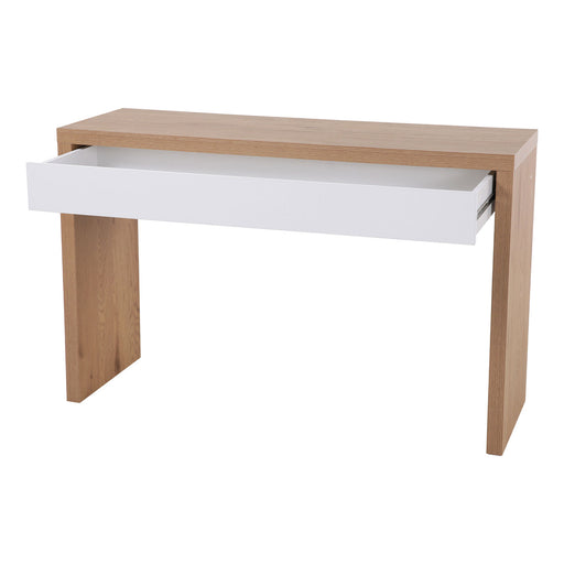 Brauner Schreibtisch mit einer offenen weißen Schublade, moderner minimalistischer Stil
