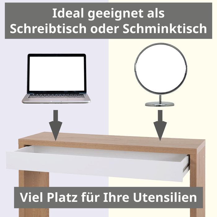 Tisch in Eiche-Optik mit weißer Schublade, geeignet als Schreibtisch oder Schminktisch mit viel Platz für Ihre Utensilien