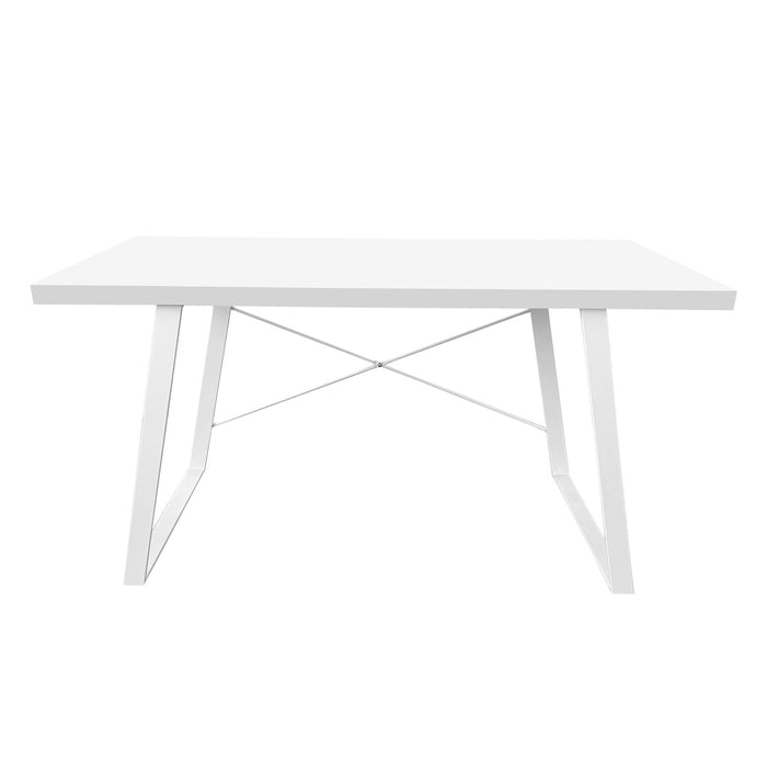 Rechteckiger Tisch mit weißer Platte und weißen Metallbeinen in A-Form mit Querstreben - Frontalansicht
