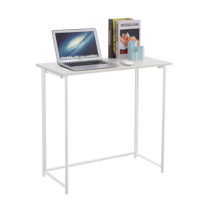 Weißer Stehtisch mit Laptop, zwei Büchern und zwei blauen Behältern darauf