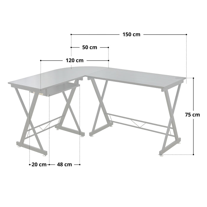 Eckschreibtisch mit X-förmigen Metallbeinen, Maße: 150 cm Länge, 120 cm Breite, 75 cm Höhe,  50 cm Tiefe der Tischplatten, Tastaturablage 20 x 48 cm 