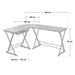 Eckschreibtisch mit X-förmigen Metallbeinen, Maße: 150 cm Länge, 120 cm Breite, 75 cm Höhe,  50 cm Tiefe der Tischplatten, Tastaturablage 20 x 48 cm 