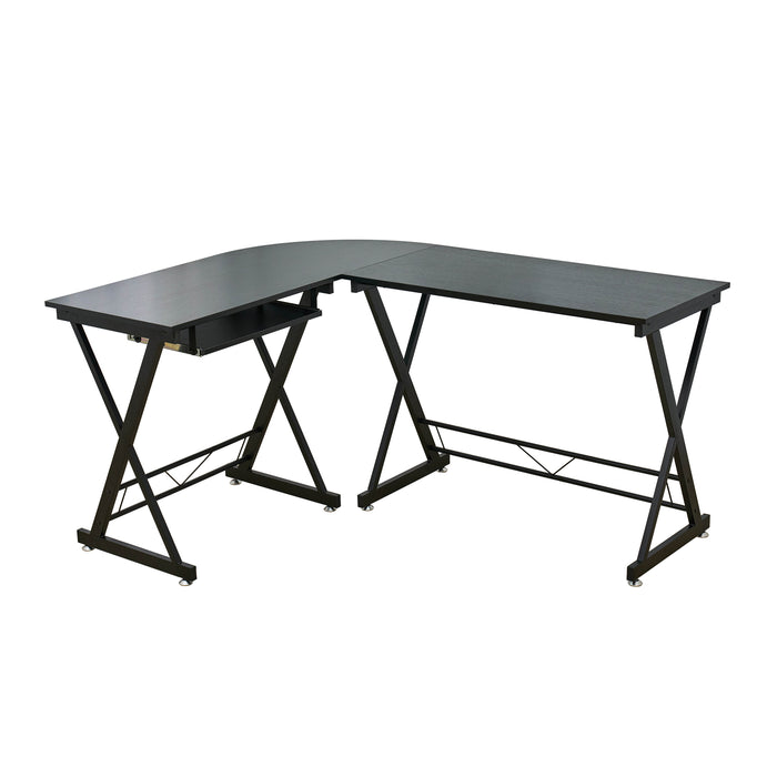 Schwarzer Eckschreibtisch mit Metallgestell und zwei rechteckigen Tischplatten mit abgerundeter Ecke