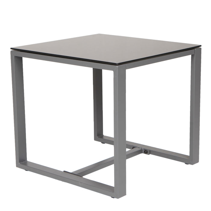 Moderner quadratischer Beistelltisch mit grauer Metallstruktur und dunkler Tischplatte