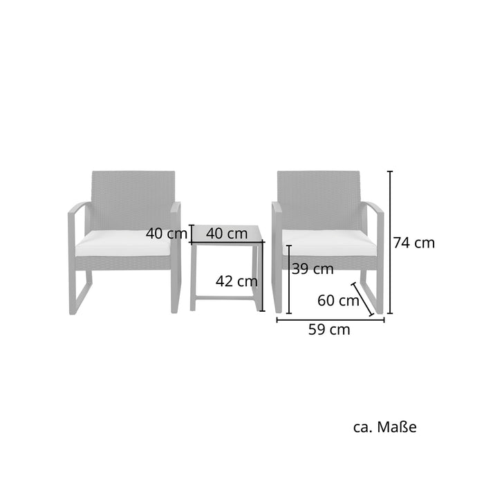 Maße Stühle: 59 x 60 x74 cm; Sitzhöhe 39 cm; Tisch 40 x 40 x 42 cm