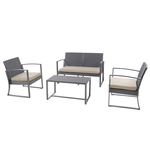 Gartenmöbel-Set aus grauem Metall mit zwei Sesseln, einer Bank und einem rechteckigen Tisch, beige Sitzkissen