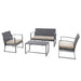 Gartenmöbel-Set aus grauem Metall mit zwei Sesseln, einer Bank und einem rechteckigen Tisch, beige Sitzkissen