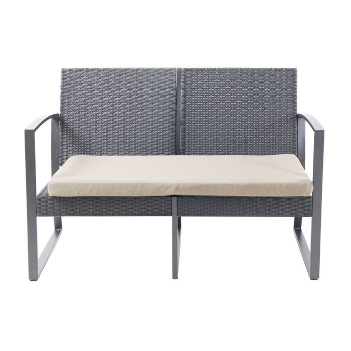 Zweisitzige Gartenbank aus grauem Polyrattan mit grauem Metallrahmen und beige Sitzkissen