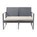 Zweisitzige Gartenbank aus grauem Polyrattan mit grauem Metallrahmen und beige Sitzkissen