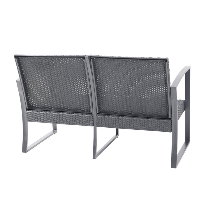 Zweisitzige Gartenbank aus grauem Rattan mit Metallrahmen, Rückansicht