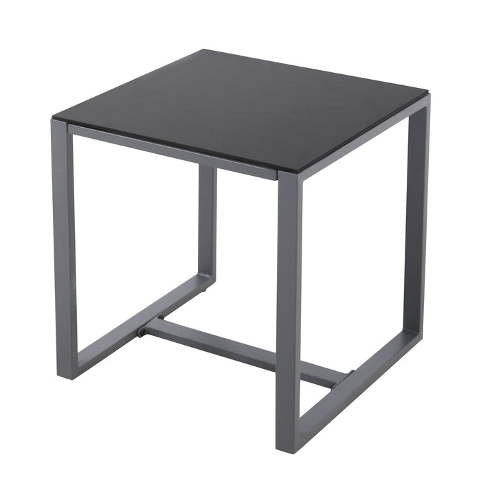Quadratischer Beistelltisch mit schwarzer Tischplatte und grauem Metallgestell