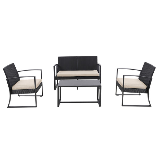 Schwarzes Gartenmöbel-Set mit zwei Sesseln, einer Bank und einem rechteckigen Tisch, alle mit hellen Sitzkissen frontal