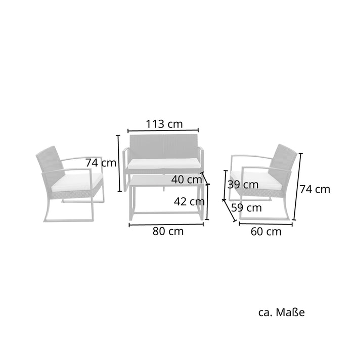 Maßangaben für eine Sitzgruppe mit zwei Sesseln und einer Bank, Höhe 74 cm, Breite der Bank 113 cm, Tischbreite 80 cm, weitere Maße für Sitzhöhe und Tiefe