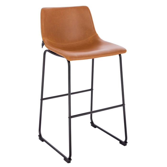 Barhocker mit cognacbraunem Kunstlederbezug und schwarzem Metallgestell
