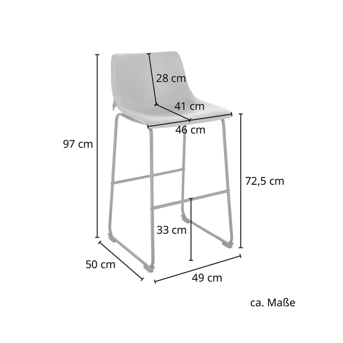 Moderner Barhocker mit Rückenlehne, Maße: Höhe 97 cm, Sitzhöhe 72,5 cm, Sitzfläche 46x41 cm, Rückenlehne 28 cm hoch, Fußstütze 33 cm hoch, Breite 49 cm, Tiefe 50 cm