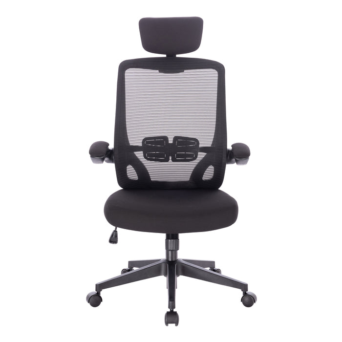Schwarzer ergonomischer Bürostuhl mit Netzrückenlehne, verstellbarer Kopfstütze und Armlehnen auf Rollen