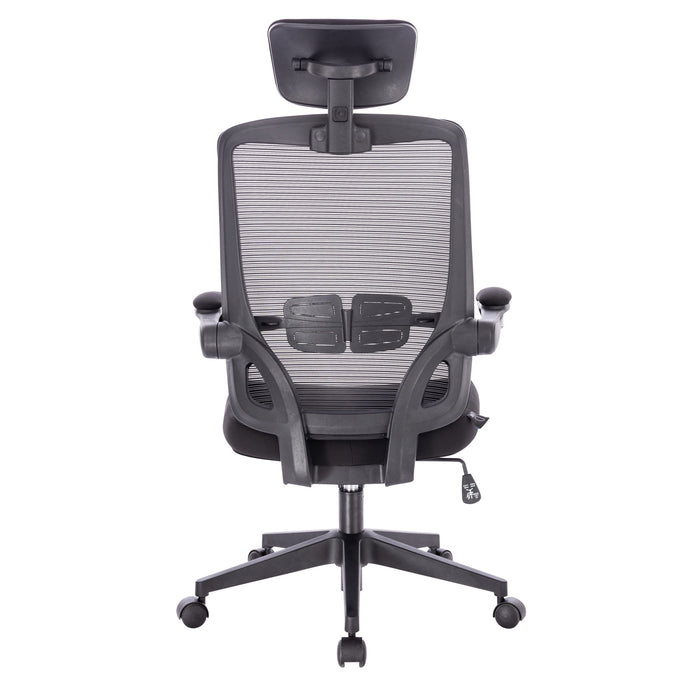 Ergonomischer schwarzer Bürostuhl mit Netzrückenlehne, verstellbarer Kopfstütze und Lendenwirbelstütze, auf Rollen