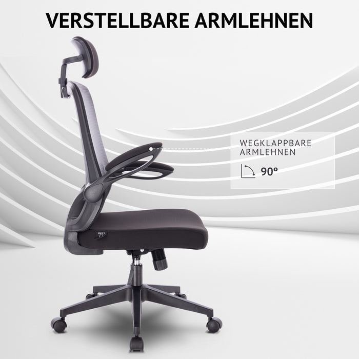 Schwarzer Bürostuhl mit verstellbaren, wegklappbaren Armlehnen und Kopfstütze, seitliche Ansicht