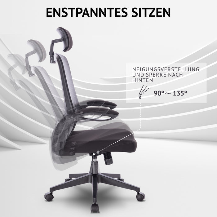 Schwarzer Bürostuhl mit verstellbarer Rückenlehne und Kopfstütze, Neigung von 90 bis 135 Grad für entspanntes Sitzen