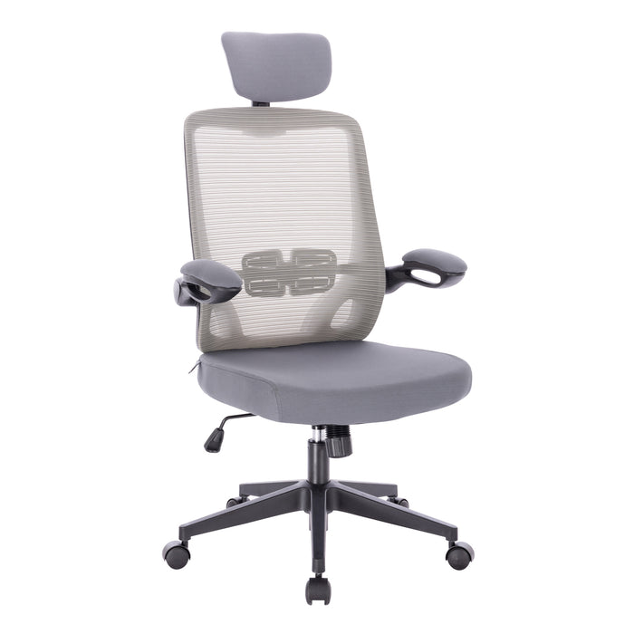 Grauer ergonomischer Bürostuhl mit Netzrückenlehne, verstellbarer Kopfstütze, Armlehnen und Rollen