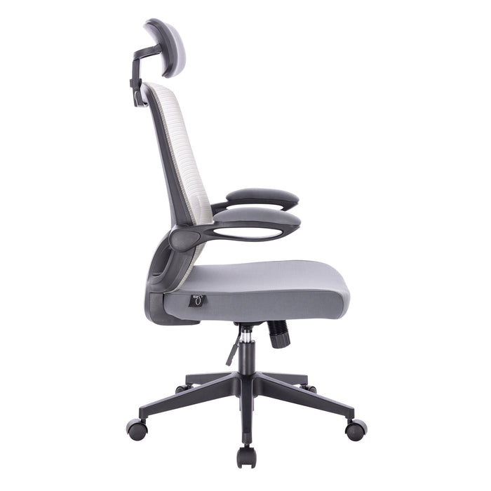 Grauer ergonomischer Bürostuhl mit verstellbarer Kopfstütze, gepolstertem Sitz und Armlehnen auf Rollen