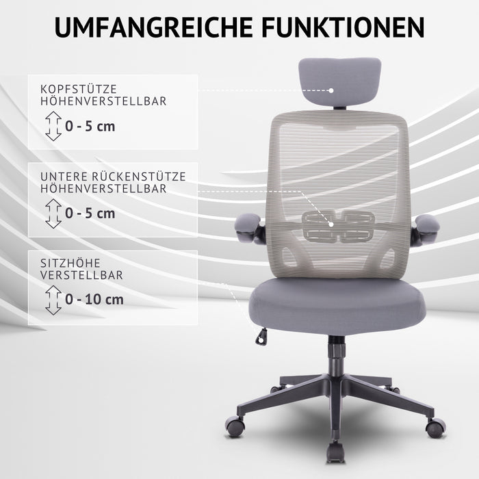 Grauer Bürostuhl mit verstellbarer Kopfstütze, unterer Rückenstütze und Sitzhöhe, alle höhenverstellbar von 0 bis 5 cm bzw. 0 bis 10 cm