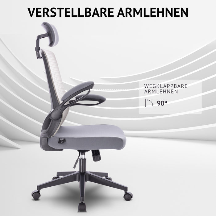 Grauer Bürostuhl mit verstellbaren, wegklappbaren Armlehnen und Kopfstütze, seitliche Ansicht