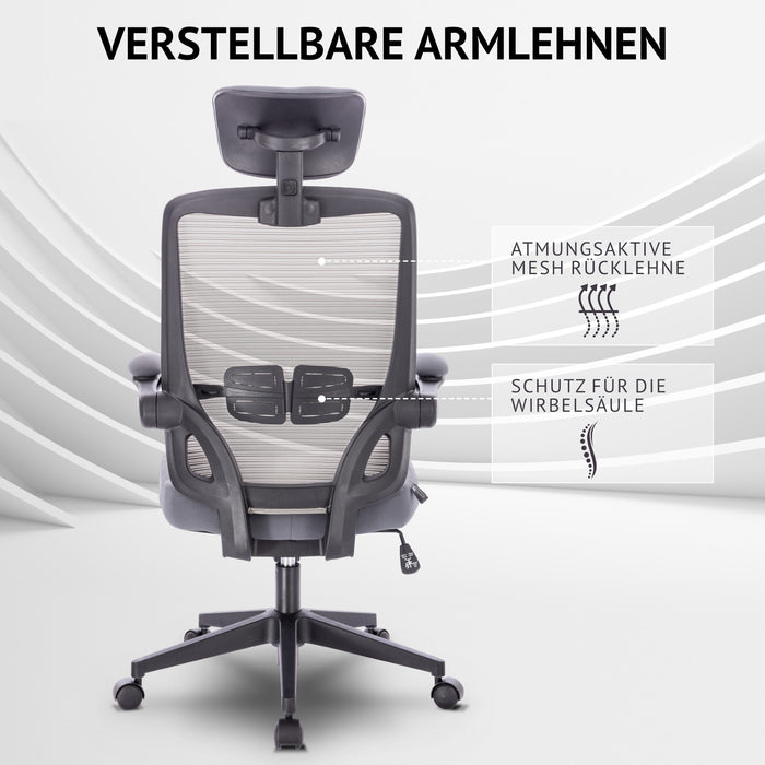 Grauer ergonomischer Bürostuhl mit verstellbaren Armlehnen, atmungsaktiver Mesh-Rückenlehne und Wirbelsäulenschutz, auf Rollen