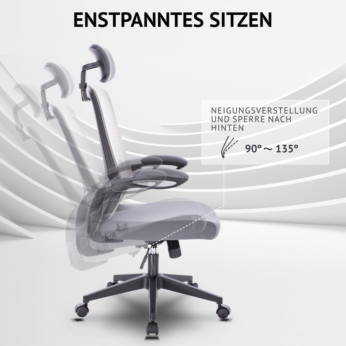 Grauer Bürostuhl mit verstellbarer Rückenlehne und Kopfstütze, Neigung von 90 bis 135 Grad für entspanntes Sitzen