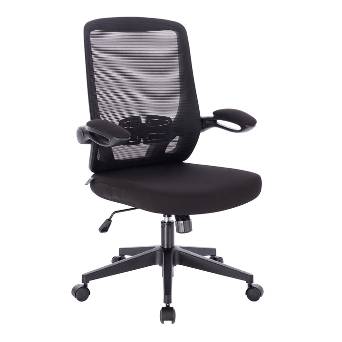 Schwarzer ergonomischer Bürostuhl mit Netzrückenlehne, gepolstertem Sitz, verstellbaren Armlehnen und Rollen