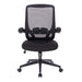 Schwarzer ergonomischer Bürostuhl mit Netzrückenlehne, gepolstertem Sitz, verstellbaren Armlehnen und Rollen frontal