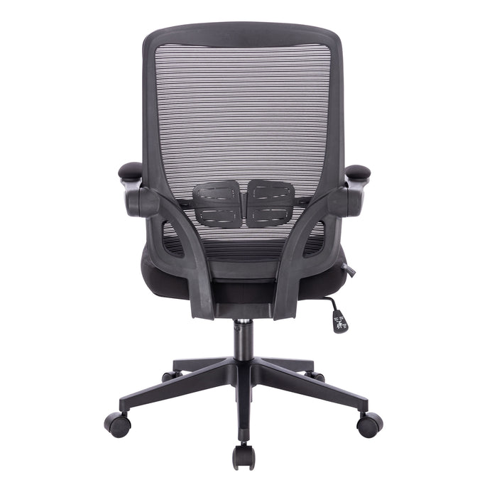 Schwarzer ergonomischer Bürostuhl mit Netzrückenlehne, gepolstertem Sitz, verstellbaren Armlehnen und Rollen von hinten