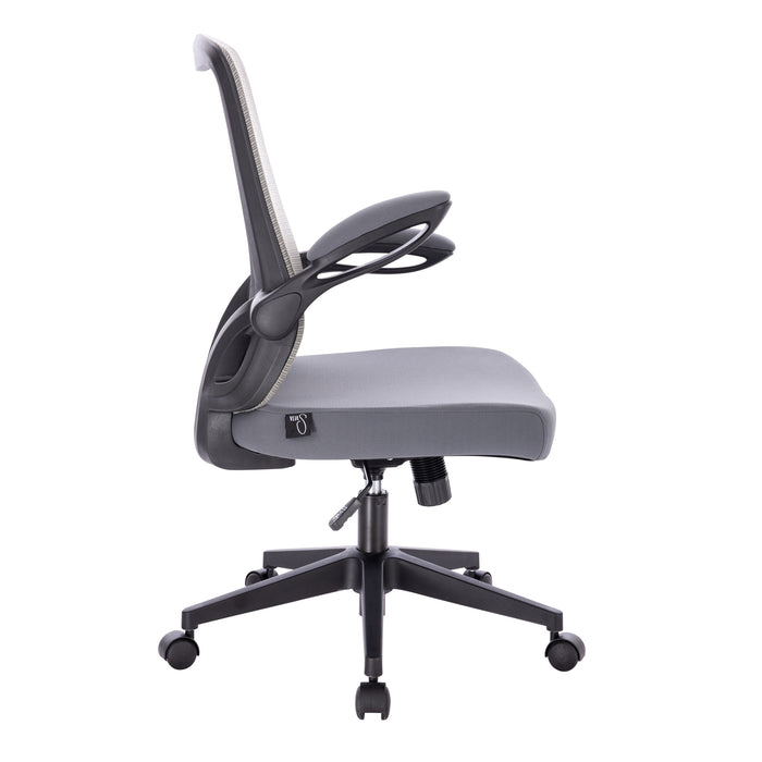 Grauer ergonomischer Bürostuhl mit Netzrückenlehne, gepolstertem Sitz und angewinkelter Armlehne