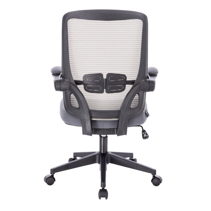 Schwarzer ergonomischer Bürostuhl mit Netzrückenlehne, gepolstertem Sitz, verstellbaren Armlehnen und Rollen von hinten