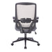 Schwarzer ergonomischer Bürostuhl mit Netzrückenlehne, gepolstertem Sitz, verstellbaren Armlehnen und Rollen von hinten