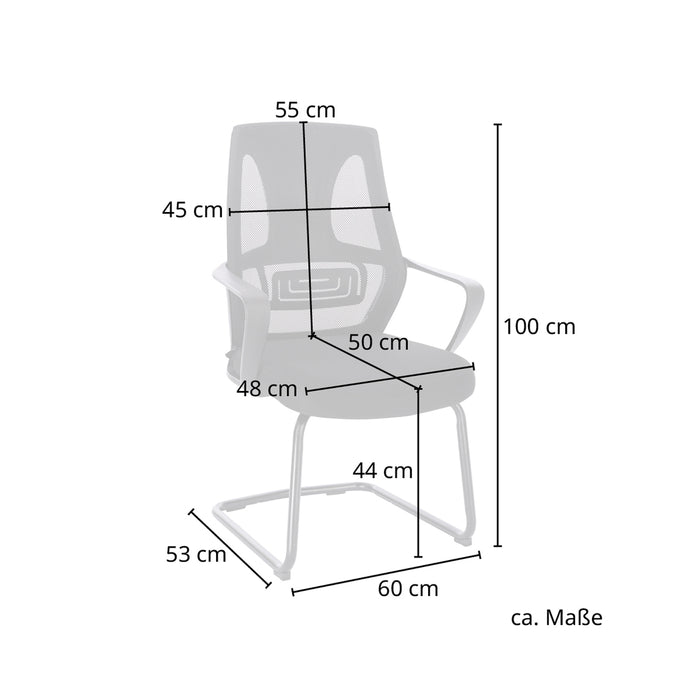 Bürostuhl mit Armlehnen und Netzrückenlehne, Maße: Höhe 100 cm, Sitzhöhe 44 cm, Sitzfläche 50 x 48 cm, Rückenlehnenbreite 45 cm, Rückenlehnenhöhe 55 cm, Breite 60 cm, Tiefe 53 cm