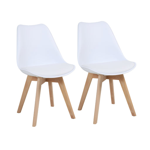 Zwei weiße SVITA Mats Esszimmerstühle mit Holzbeinen, modernes Design, gepolsterte Sitzfläche