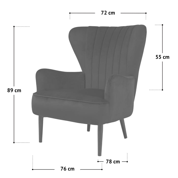 Sessel mit hoher Rückenlehne und Armlehnen, Maße: 89 cm hoch, 76 cm breit, 78 cm tief, Höhe der Rückenlehne 55 cm