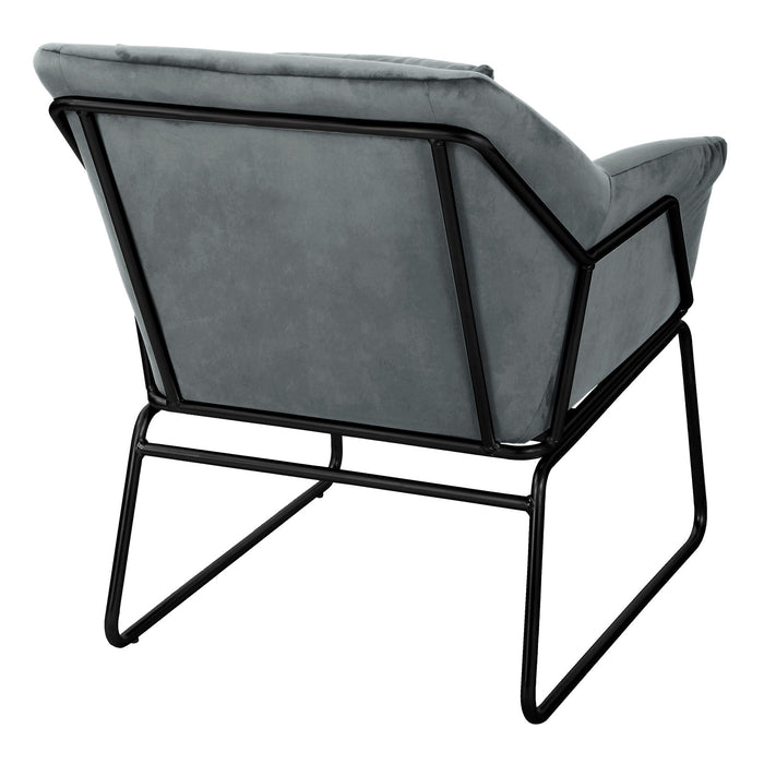 Rückansicht Moderner Sessel mit grauem Samtpolster und schwarzem Metallgestell in kantigem Design, das hinten und an den Seiten offen sichtbar ist