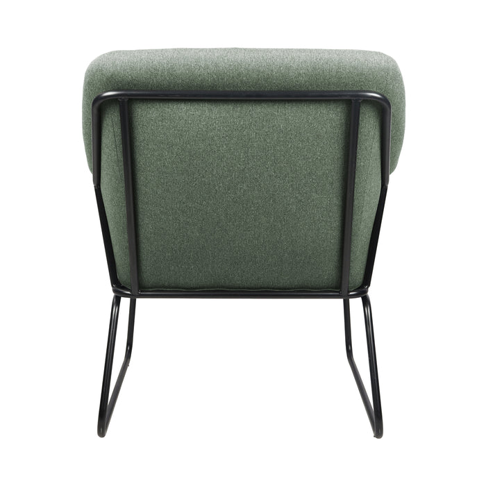 Rückansicht Moderner Sessel mit grünem Polster und schwarzem Metallgestell in kantigem Design, das hinten und an den Seiten offen sichtbar ist