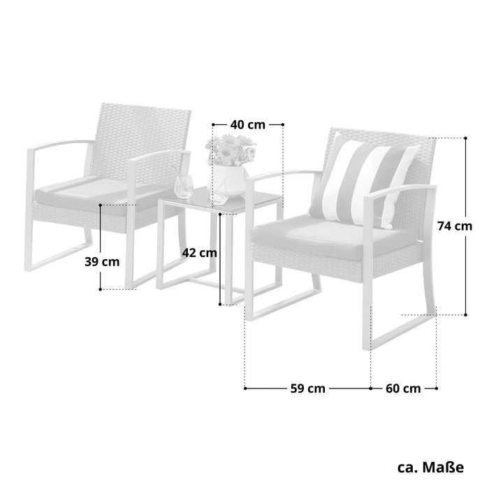 Maße eines Gartenmöbel-Sets mit zwei Sesseln und einem Beistelltisch, Sitzhöhe 39 cm, Tischhöhe 42 cm, Tischbreite 40 cm, Sesseltiefe 60 cm, Sitzbreite 59 cm, Stuhlhöhe 74 cm