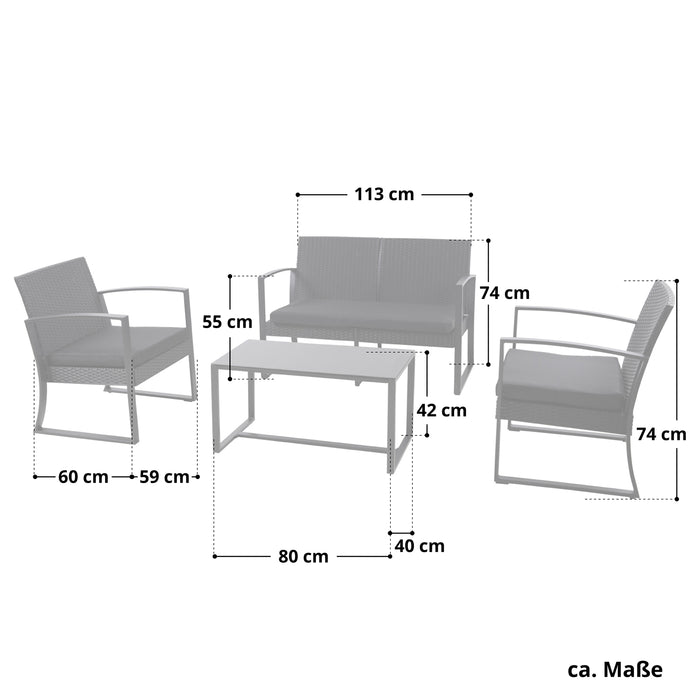 Gartenmöbel-Set mit zwei Sesseln, einem 2-Sitzer-Sofa und einem rechteckigen Tisch, Maße in Zentimetern angegeben